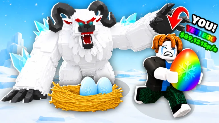 Player grabbing a rainbow egg from a nest while a roaring yeti guardian looms over the snow biome.