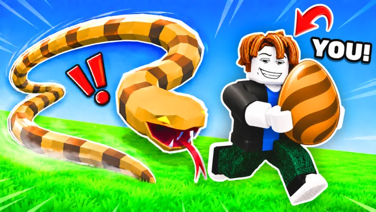Roblox character in a black jacket stealing a striped egg while a giant striped snake lunges after him across a green field.