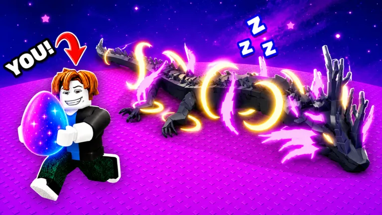 Player carrying a glowing egg past a sleeping cosmic dragon on a purple grid.