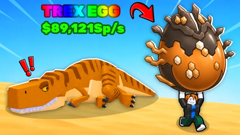 T-Rex beside a decorated T-Rex egg worth 89,121 Speed per second while a player carries it away.