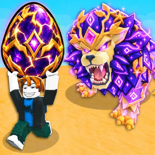 Player holding a glowing purple egg next to a purple lion-like pet with gold armor.